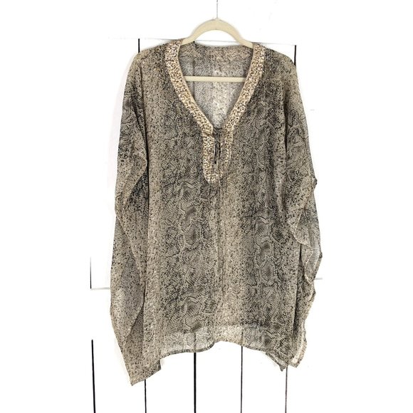 Reptile snake print lightweight sheer beaded kimono cover up caftan blouse - Picture 2 of 5
